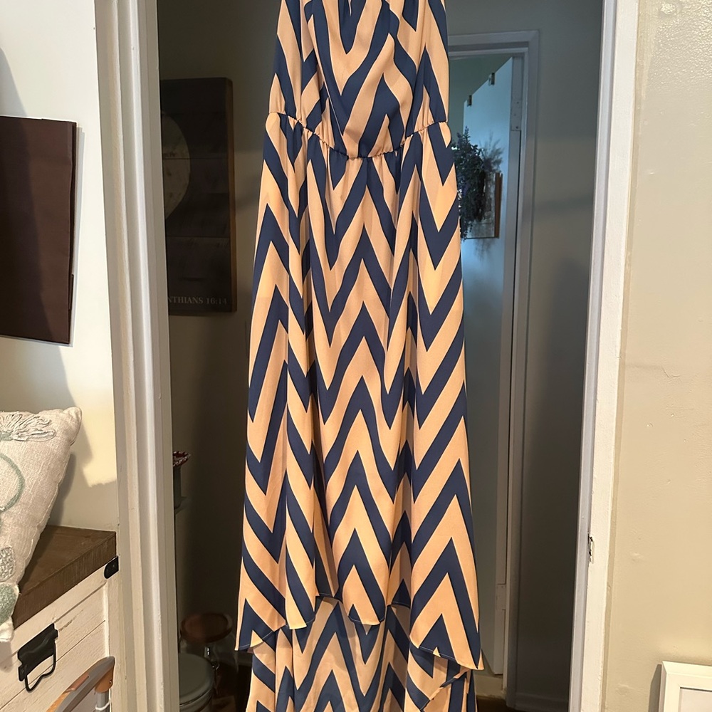 Chevron Maxi Dress in Navy and Beige